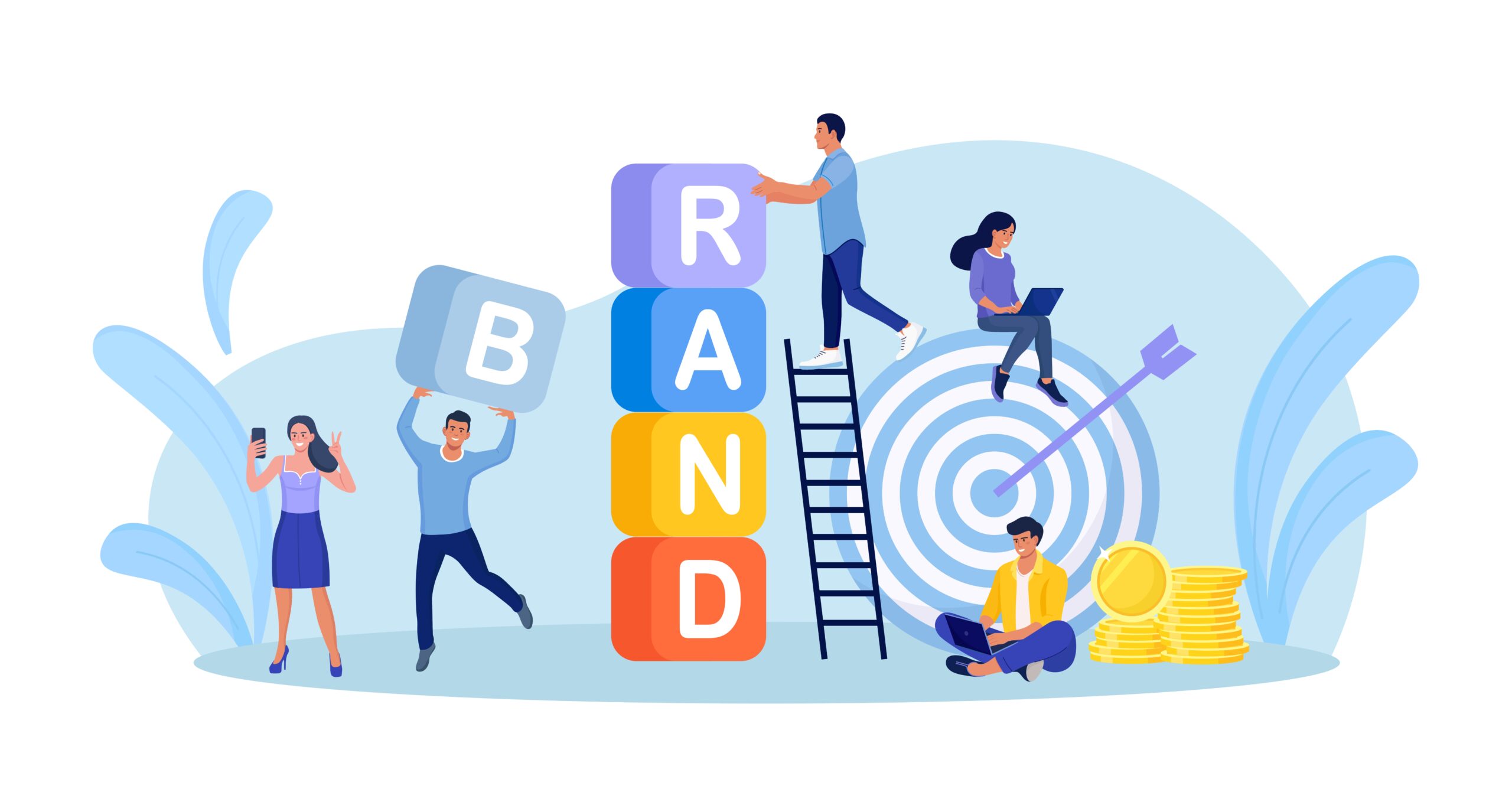Brand Building. Businessmen Create Corporate Identity, Brand Communication. Business People Work Together and Build Tower of Colored Cubes. Marketing Promotional Campaign. Reputation management